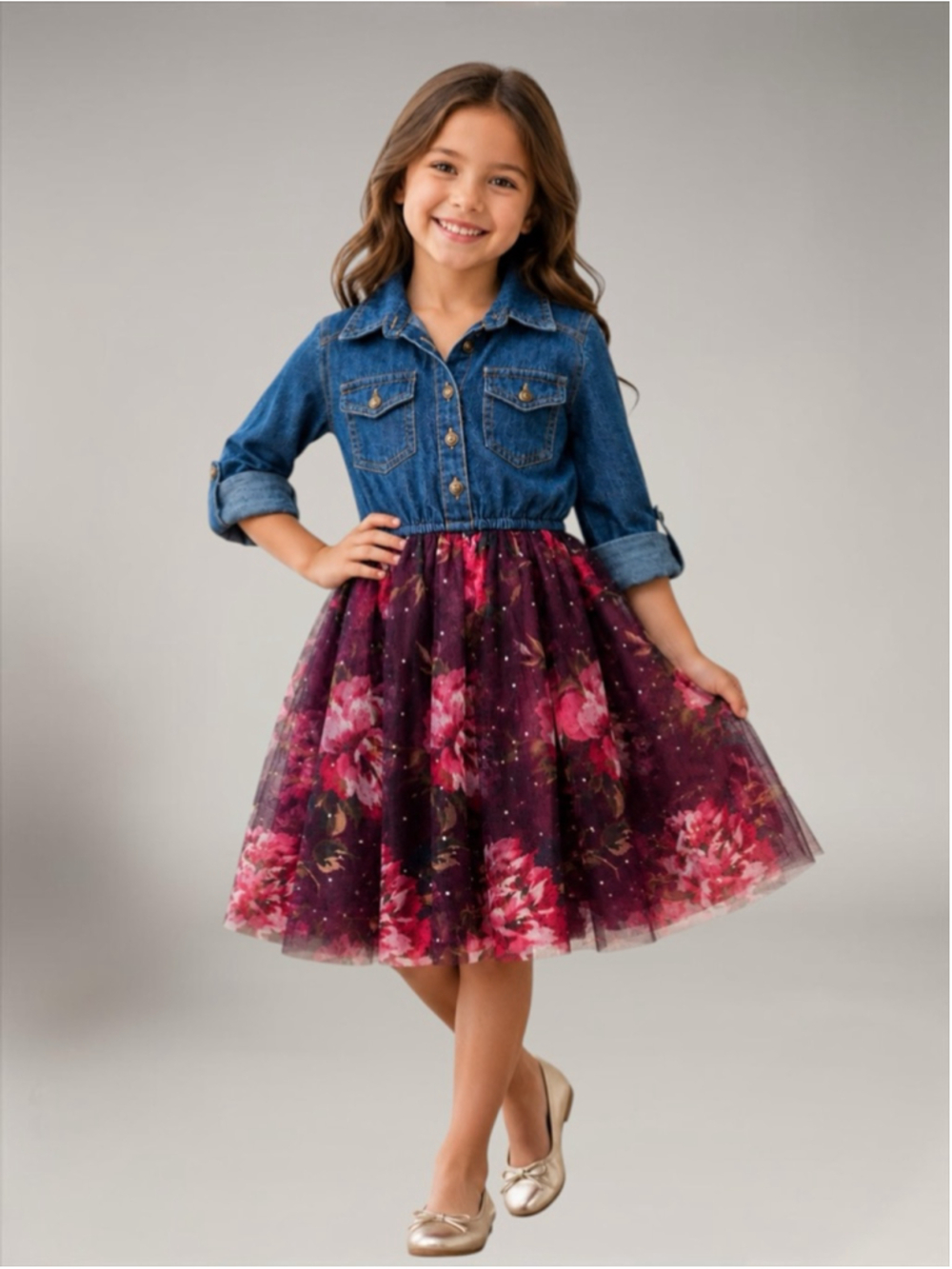 Lilt Pink & Violet Girls’ Denim Bodice 3/4 Sleeve Tulle Tutu Dress